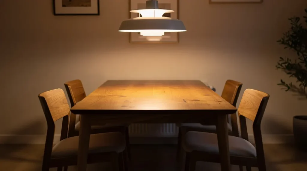 Een warm verlichte eethoek met een houten eettafel en stoelen, verlicht door een stijlvolle dimbare hanglamp die een gezellige sfeer creeert.