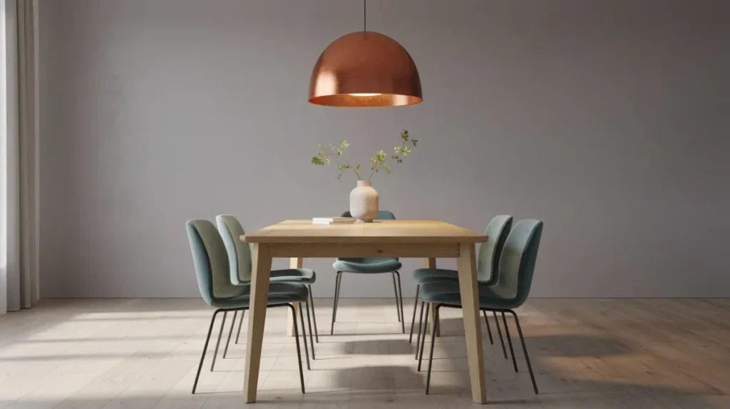 In deze eetkamer staan blauwgroene stoelen rond een houten tafel, met lichtgrijze muren en een koperkleurige hanglamp die een warme sfeer creëert. De combinatie van koele kleuren en natuurlijke materialen zorgt voor een harmonieuze uitstraling in het interieur.