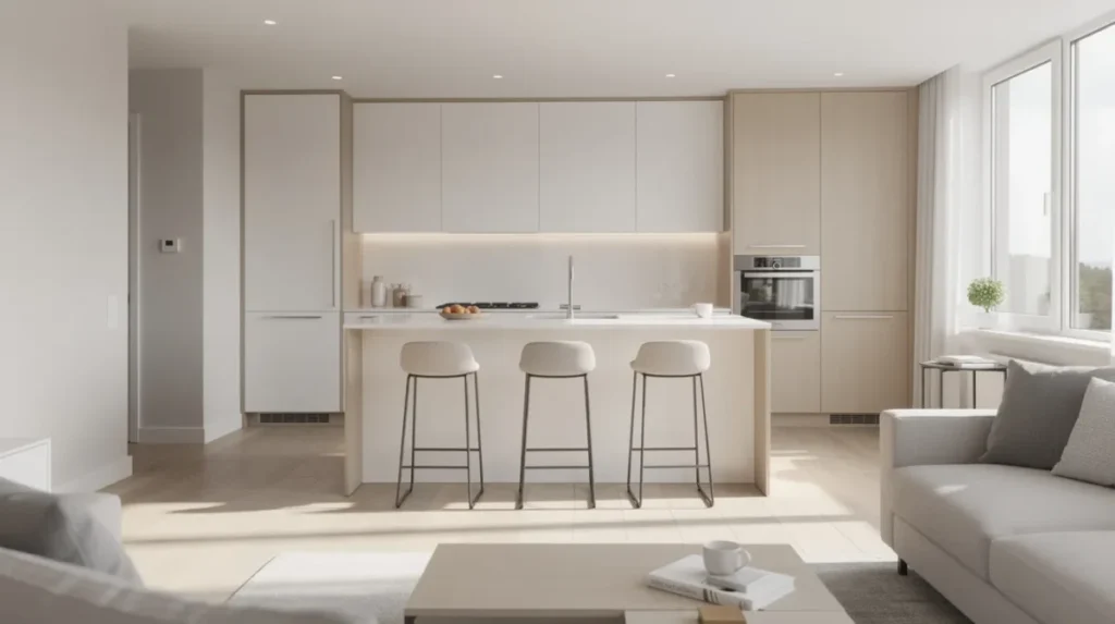 In een lichte moderne keuken is een kookeiland te zien met drie mooie barkrukken, die een gestoffeerde zitting hebben voor extra comfort. De barkrukken zijn perfect geplaatst, zodat er voldoende beenruimte is voor meerdere mensen om gezellig aan het kookeiland of de bar te zitten.
