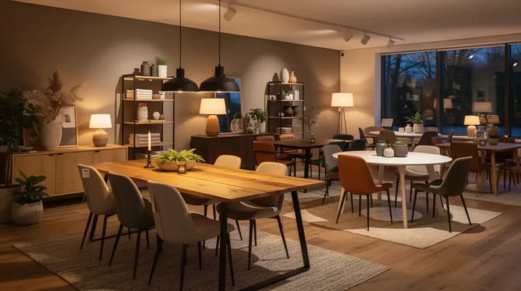 In een warme woonwinkel showroom zijn verschillende eettafels te zien in uiteenlopende stijlen, waaronder rechthoekige, ronde en ovale modellen. De sfeervolle verlichting en bijpassende zitmeubels laten zien hoe stoel en tafel perfect aansluiten, met een rechthoekig, rond of ovaal blad.