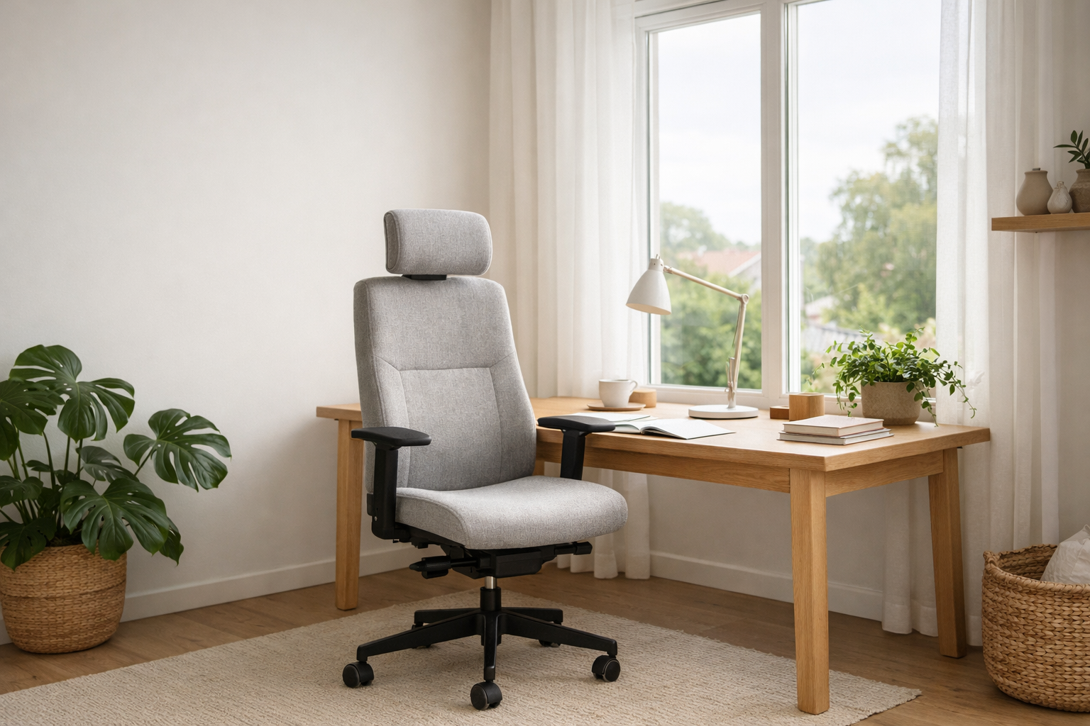 Ergonomische bureaustoel met hoofdsteun in grijze wol aan een eiken bureau in een lichte thuiswerkplek