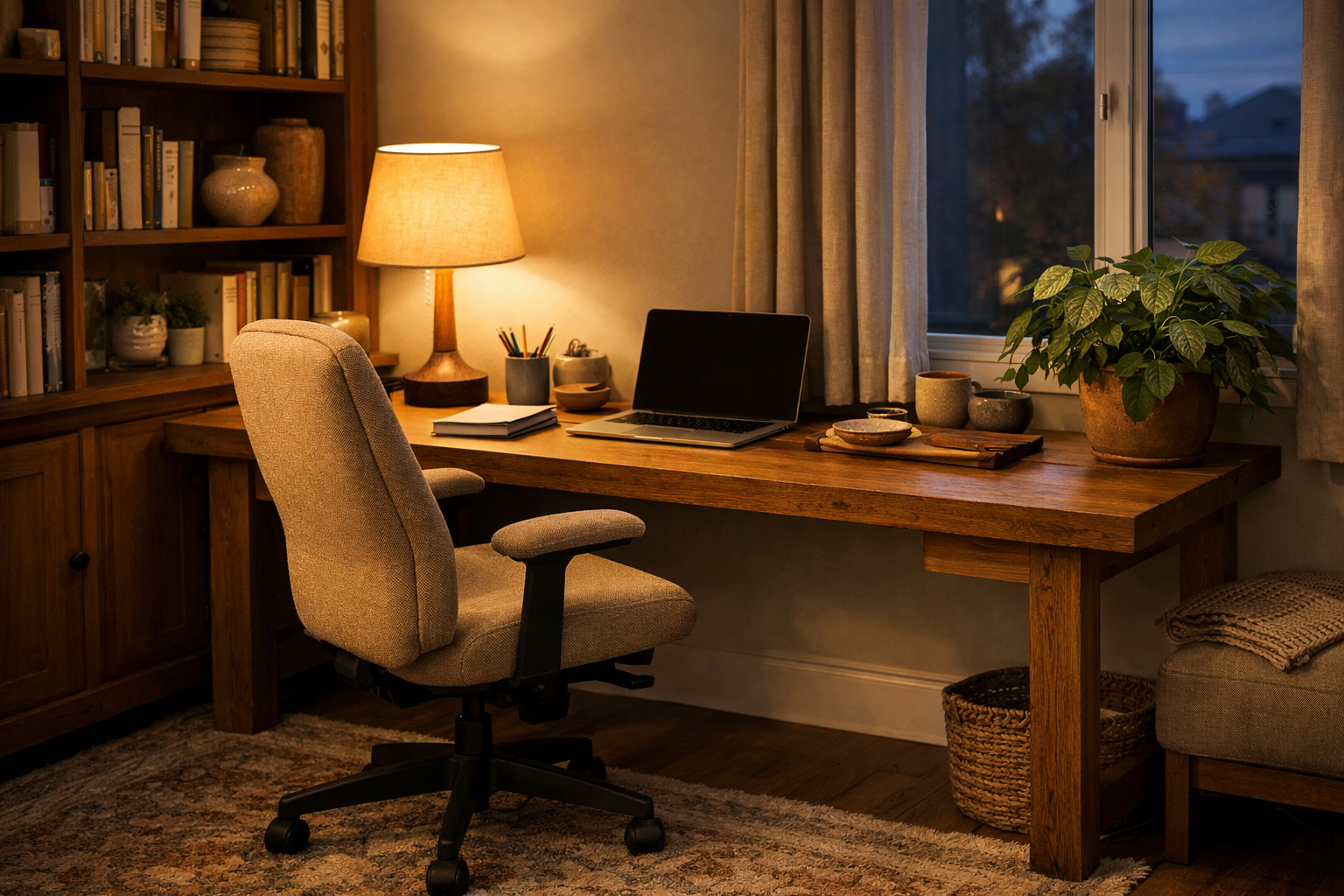Thuiswerkplek in een studeerkamer met een houten bureau, boekenkast en een bureaustoel in beige stof