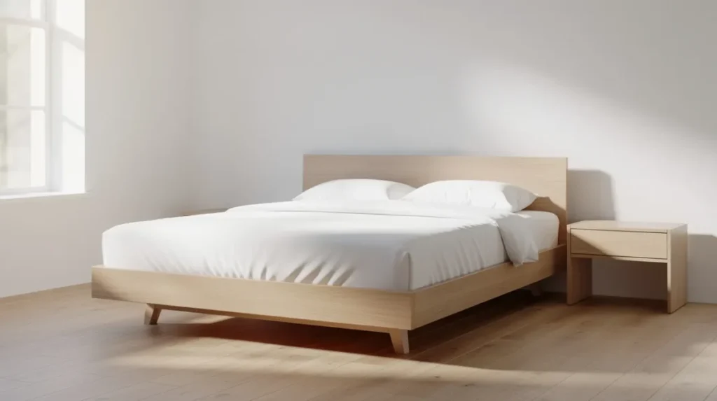 Bed met lattenbodem in een licht houten frame naast een nachtkastje