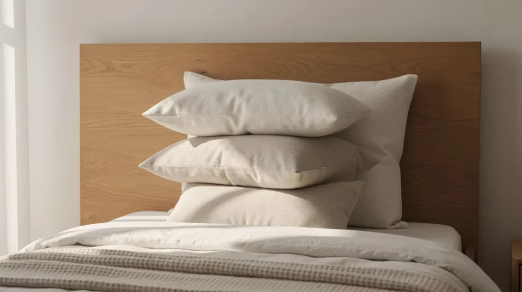 Bed met opgestapelde kussens in verschillende maten tegen een houten hoofdbord