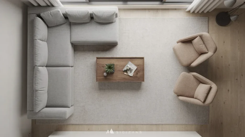 Bovenaanzicht van een hoekbank met twee gekleurde fauteuils rond een salontafel op een groot vloerkleed