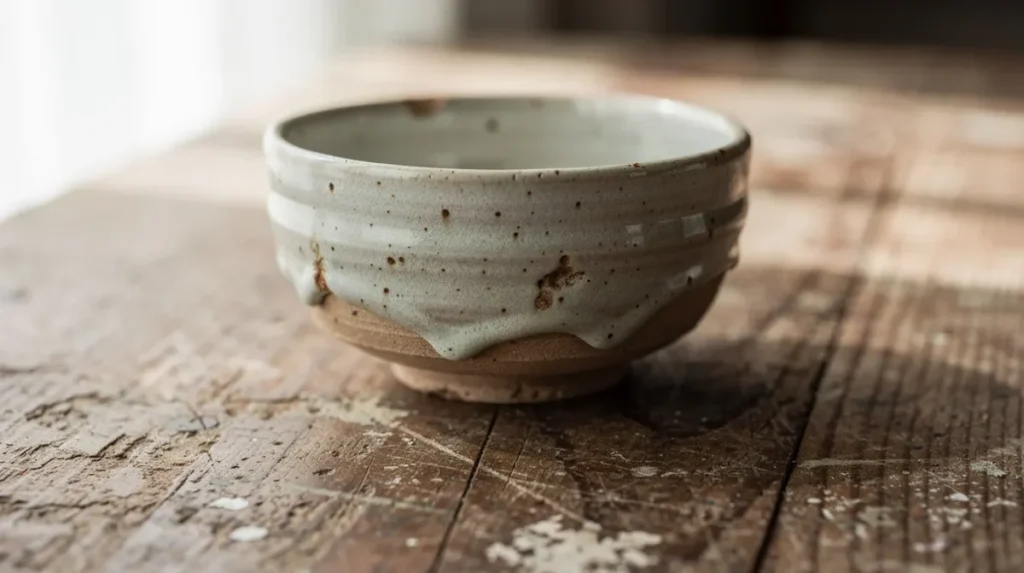 Close-up van een handgemaakte keramieken kom met onregelmatig glazuur, geplaatst op een verweerde houten tafel. De imperfecte vormen en aardetinten van de kom weerspiegelen de wabi sabi filosofie, die de schoonheid van imperfectie en vergankelijkheid benadrukt.