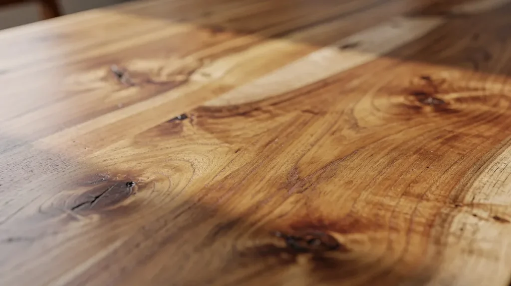 Close-up van een mangohouten tafelblad met fijne nerf en goudbruine tinten