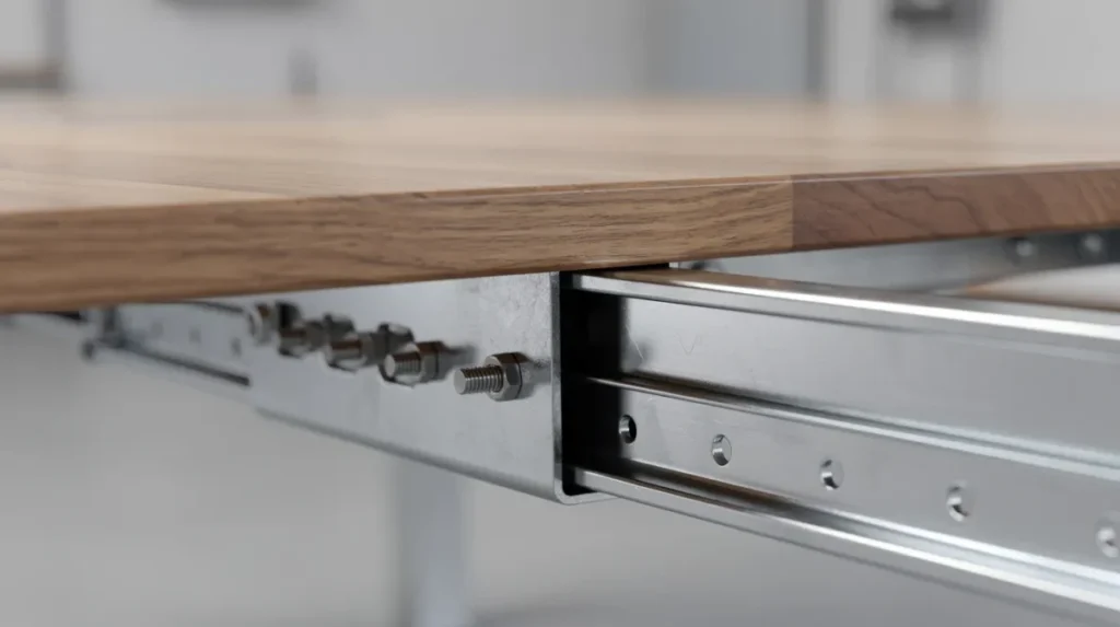 Close-up van een massief houten tafelblad dat soepel over metalen geleiderails naar buiten schuift, met duidelijke vergrendelingspennen zichtbaar. Deze uitschuifbare eettafel biedt extra ruimte voor gasten en is ideaal voor kleinere eetkamers.