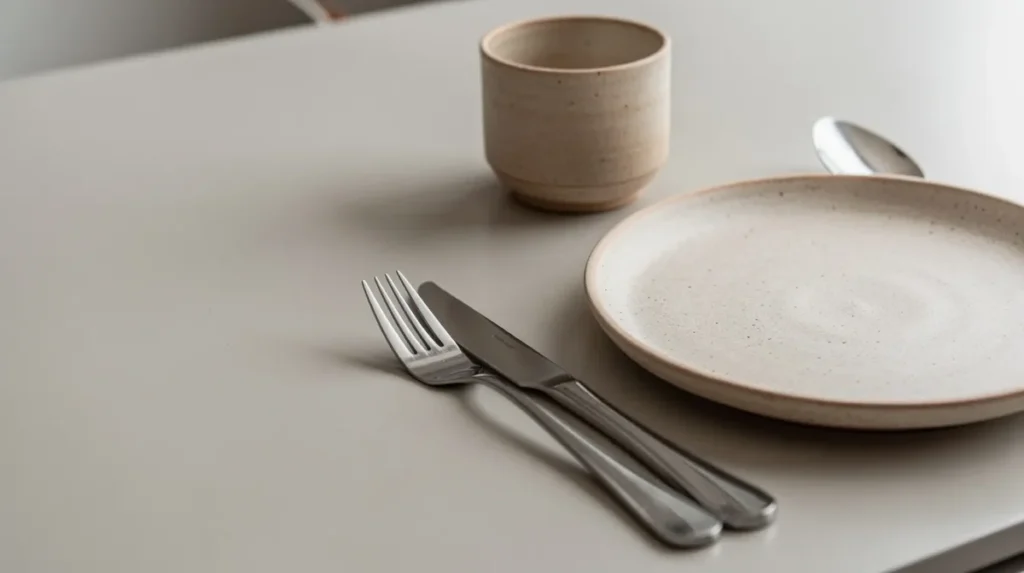 Close-up van een strak keramisch tafelblad met subtiele aardewerk en bestek, perfect voor een moderne eetkamer. Deze stijlvolle tafel biedt voldoende plek voor vrienden en familie, ideaal voor gezellig tafelen in een beperkte ruimte.