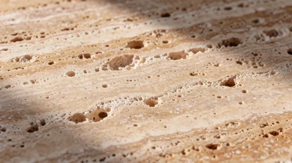 Close-up van travertin met warme beige tinten en zichtbare open poriën