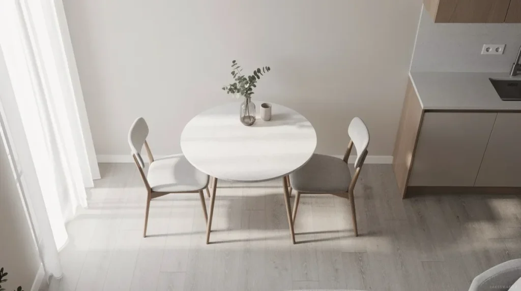 Compacte eethoek met een ronde tafel en twee stoelen in een lichte keuken