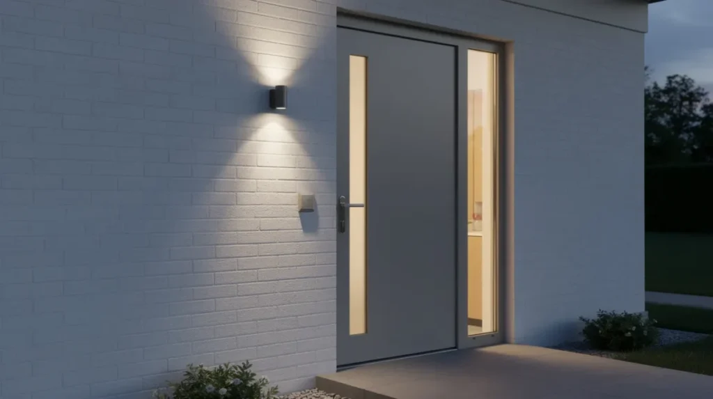 De afbeelding toont de buitenmuur van een woning met een wandlamp naast de voordeur, die op avondhoogte is geplaatst. De wandlamp biedt voldoende licht en creëert een gezellige sfeer, terwijl het diffuse licht voorkomt dat er verblinding optreedt.