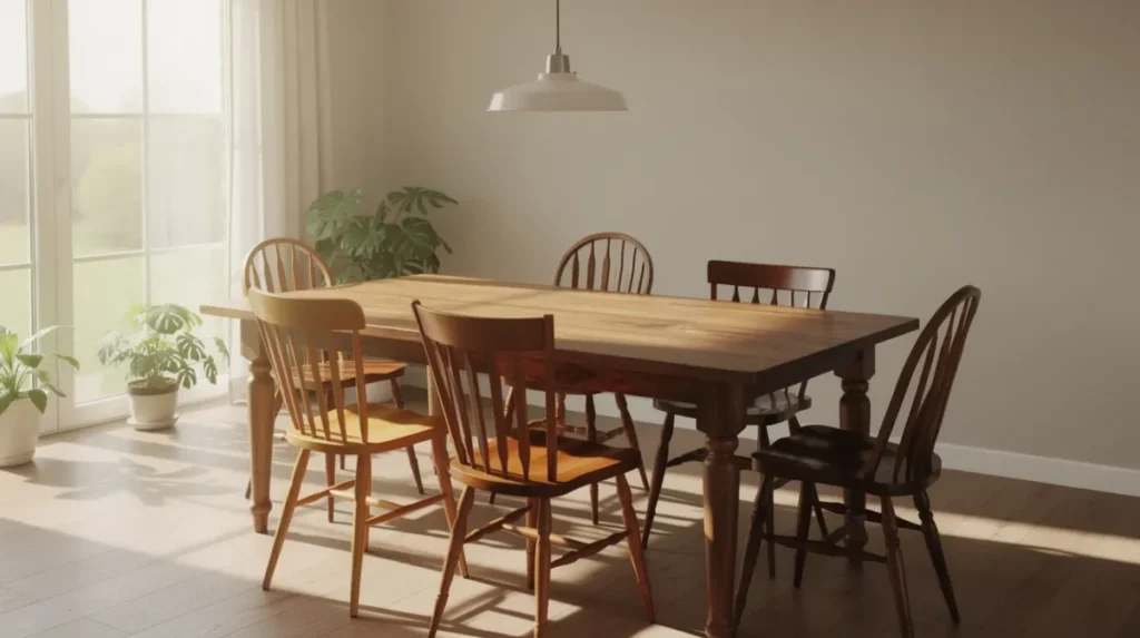 De afbeelding toont een gezellige eetkamer met een houten tafel en eetkamerstoelen in verschillende warme tinten, waaronder beige, groen en roze. Het zachte daglicht dat door de grote ramen valt, creëert een uitnodigende sfeer en benadrukt de harmonieuze uitstraling van de ruimte.