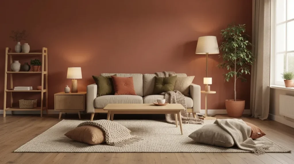 De afbeelding toont een gezellige woonkamer met een warme terracotta muur, houten meubels en zachte stoffen in aardetinten. Het interieur straalt een uitnodigende sfeer uit, met een terracotta vloerkleed en een mix van natuurlijke materialen en accessoires die een bohemian uitstraling geven.