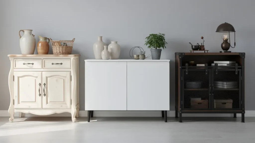 Drie buffetkasten staan naast elkaar, elk in een andere stijl: landelijk, modern en industrieel. De kasten hebben glazen deuren en open vakken, perfect om mooi serviesgoed en decoratieve accessoires in uit te stallen, terwijl het onderste gedeelte handige opbergruimte biedt voor borden en bestek.