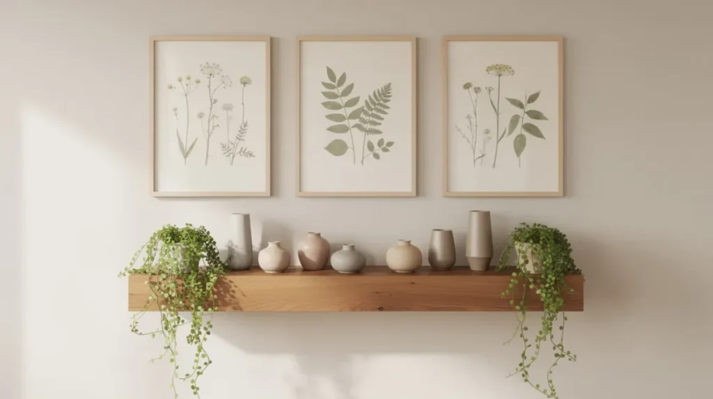 Drie ingelijste botanische prints aan een lichte muur, met daaronder een houten plank met hangplanten. Deze rustige tinten geven een persoonlijke touch aan de wanddecoratie in de woonkamer.