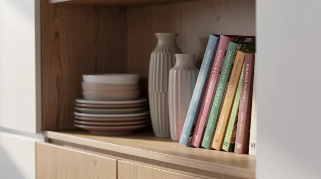 Een close-up van een prachtig ingerichte buffetkast met glazen deuren, waarin borden, vazen en kookboeken op verschillende planken zijn uitgestald. De combinatie van decoratieve accessoires en mooi serviesgoed creëert een sfeervol geheel in de woonkamer.