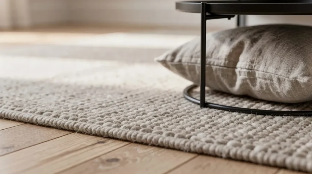 Een close-up van een wollen vloerkleed op een lichte houten vloer, met een zwart metalen bijzettafel en een linnen kussen, die samen een modern en gezellig interieur creëren. De combinatie van materialen en kleuren voegt diepte en sfeer toe aan de ruimte.