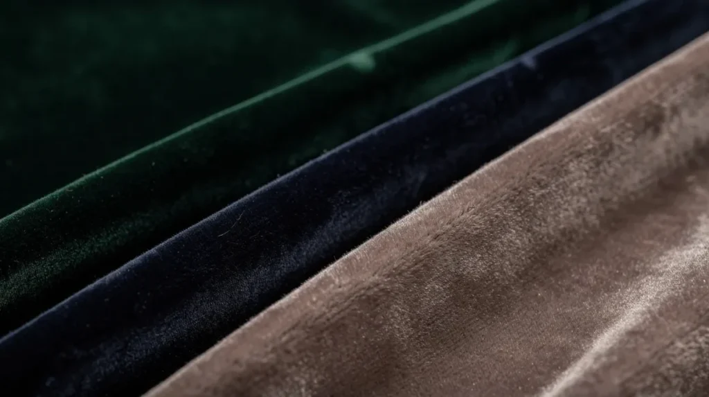 Een close-up van luxe velvet stoffen in rijke kleuren zoals donkergroen, marineblauw en taupe, die de elegante uitstraling van stijlvolle velvet eetkamerstoelen benadrukken. Deze zachte stoffen bieden een verfijnde uitstraling en zijn perfect voor verschillende interieurstijlen.