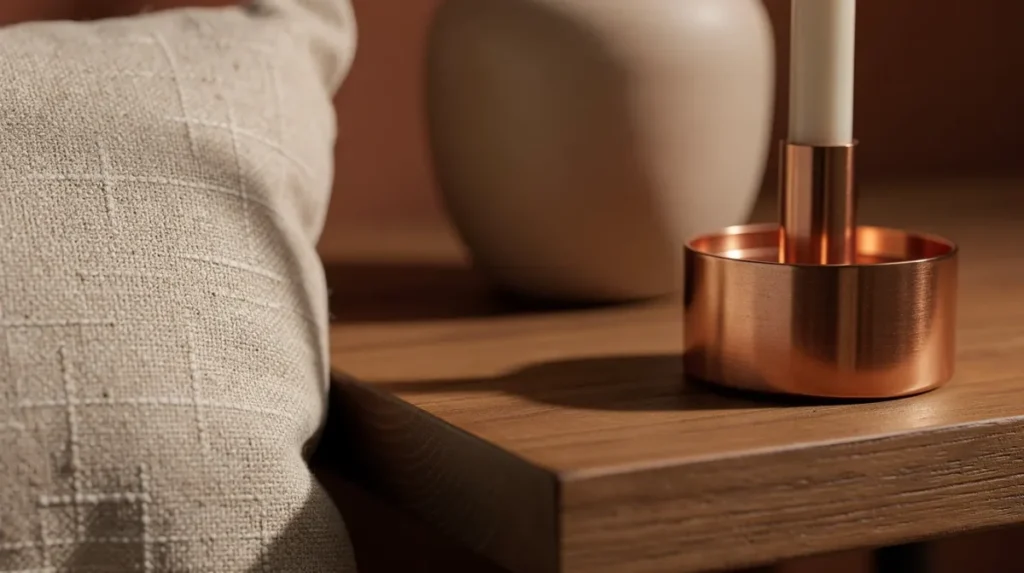Een close-up van verschillende materialen toont een linnen kussen, een houten plank, een keramieken vaas en een koperen kandelaar, allemaal in warme aardetinten. Deze combinatie van texturen en kleuren creëert een uitnodigende sfeer die perfect past in een terracotta interieur.