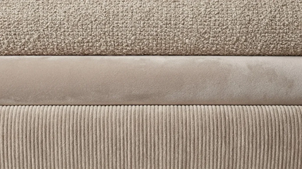 Een close-up van verschillende meubelstoffen, waaronder velvet, bouclé, microvezel en ribstof, die naast elkaar zijn gepresenteerd. Deze stoffen, met hun unieke texturen en kleuren, zijn ideaal voor eetkamerstoelen en kunnen een luxe uitstraling geven aan elke eethoek.