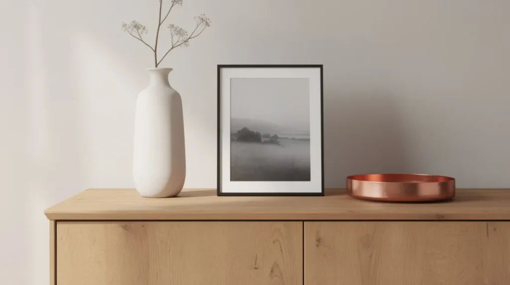 Een dressoir met drie accessoires in verschillende hoogtes: een hoge keramische vaas, een middelhoog fotolijstje en een laag koperen schaaltje, die samen een stijlvolle en speelse compositie vormen voor jouw interieur. De mix van materialen en kleuren voegt een sfeervolle touch toe aan de woonkamer.