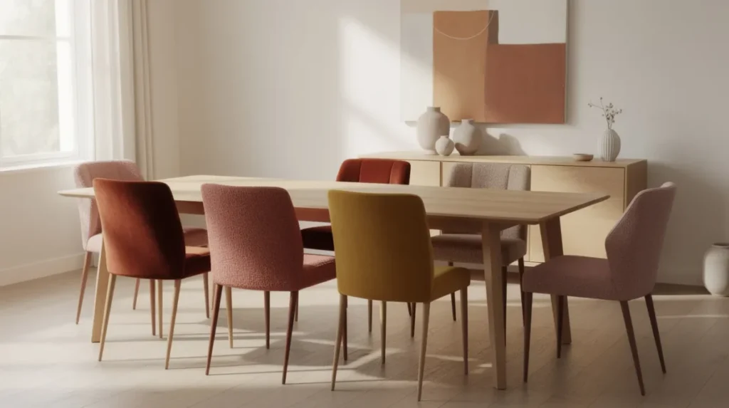 Een eetkamer met een houten tafel en eetkamerstoelen in verschillende zachte stoffen en warme kleurtinten, waaronder een luxe velvet eetkamerstoel en een rotan eetkamerstoel, die samen een chique uitstraling en comfortabele sfeer creëren. De combinatie van grof geweven en dicht geweven stoffen voegt karakter toe aan de eethoek, perfect voor lange diners.