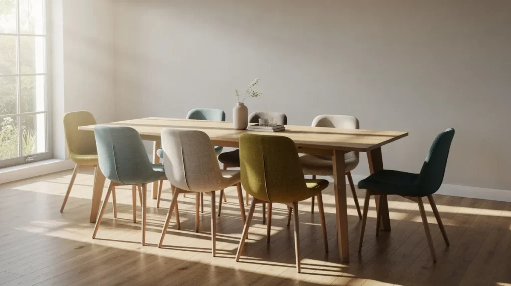 Een eetkamer met verschillende stoffen eetkamerstoelen in donkere tinten rondom een houten eettafel, waarbij het zonlicht door het raam valt en een warme uitstraling aan de ruimte geeft. De stoelen, waaronder een rotan eetkamerstoel en een velvet eetkamerstoel, zijn gestoffeerd met grof geweven stoffen en bieden comfort voor lange diners.