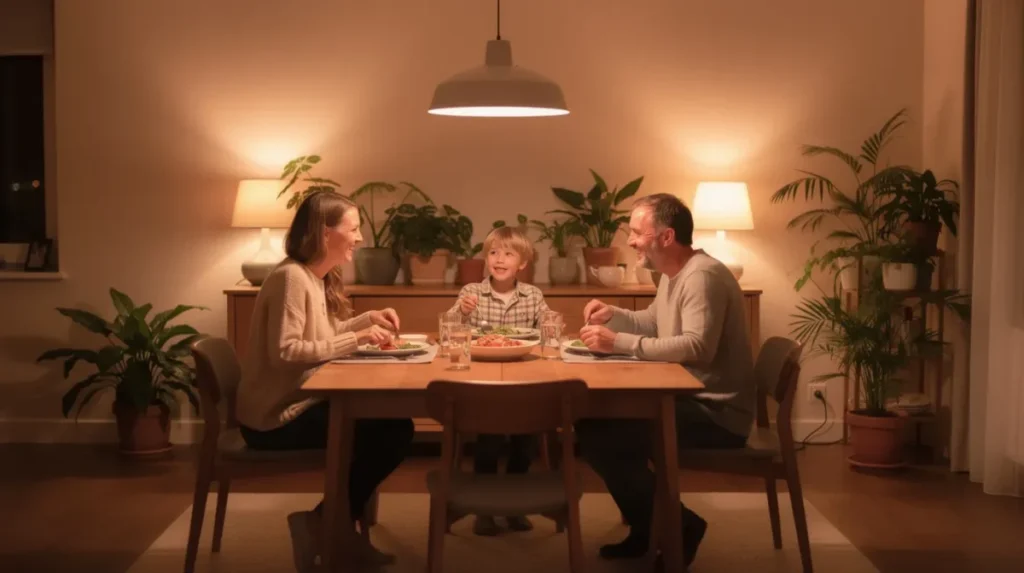 Een gezellige eetkamer met een lange massief houten eettafel, waaraan een gezin samen eet. De warme verlichting en de planten op de achtergrond creëren een uitnodigende sfeer, perfect voor dagelijkse maaltijden of feestjes.