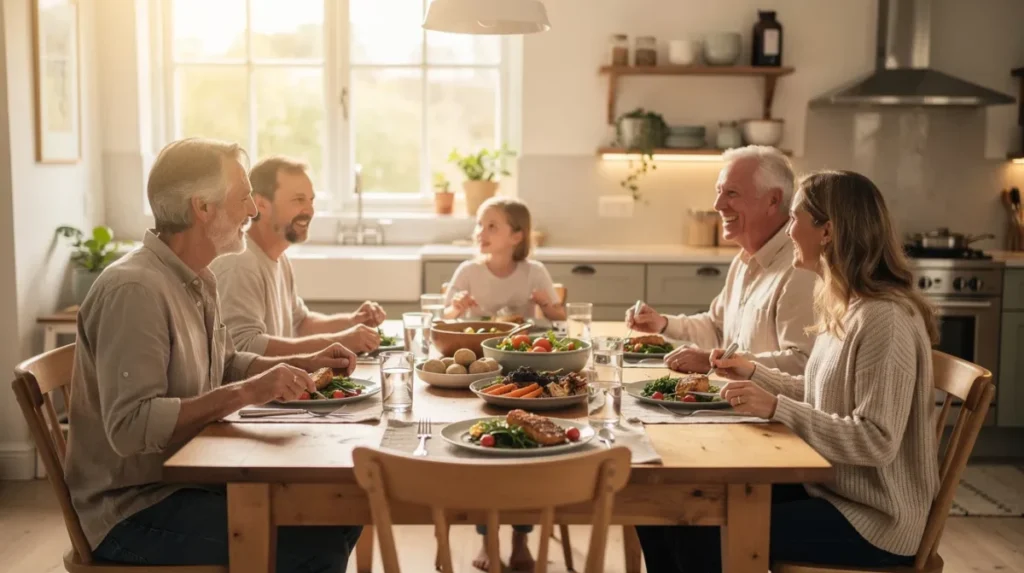 Een gezellige, gedekte eettafel in een lichte woonkeuken, waar een familie samen geniet van een diner. De uitschuifbare eettafel biedt voldoende plek voor extra stoelen, wat ideaal is voor het tafelen met vrienden en familie.