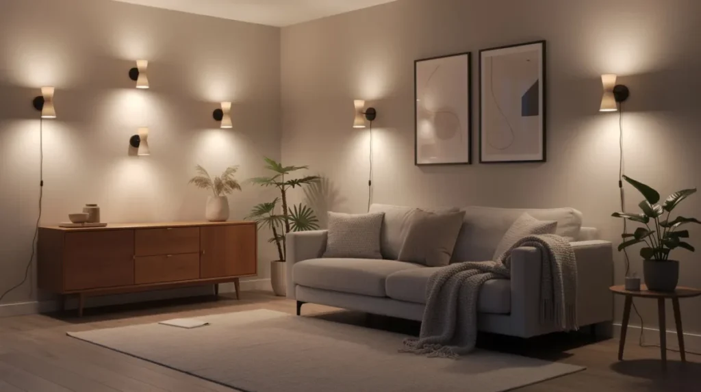 Een gezellige woonkamer met meerdere wandlampen op verschillende hoogtes naast een comfortabele bank en boven een dressoir, die zorgen voor een goede verlichting en een sfeervolle uitstraling. De wandlampen stralen diffuus licht uit, waardoor de ruimte een warme en uitnodigende ambiance krijgt.