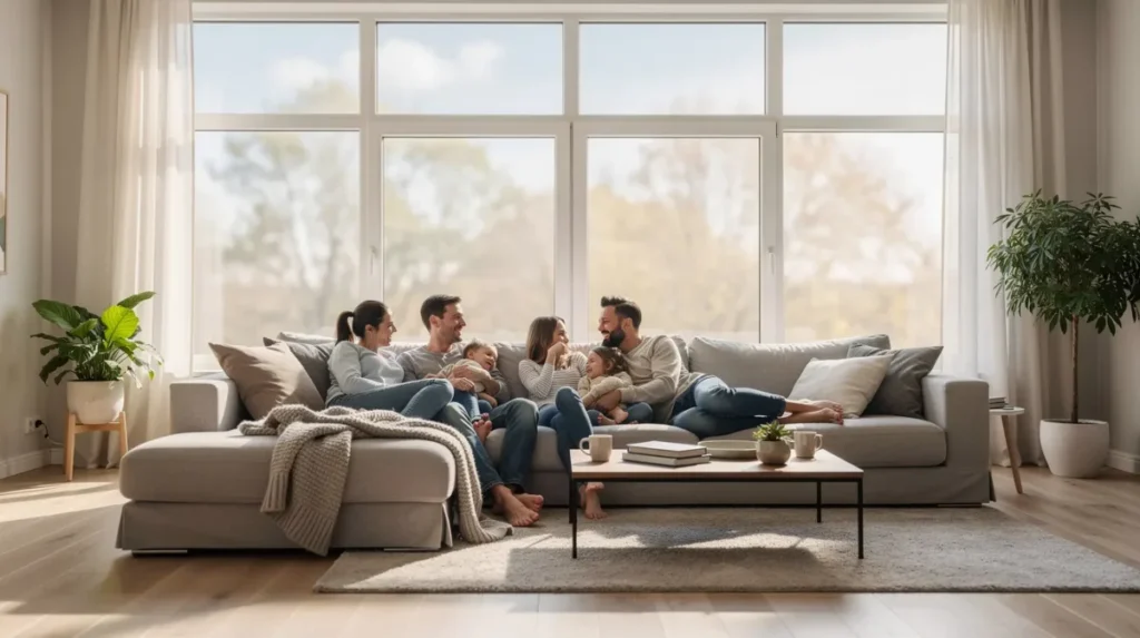 Een gezin zit samen op een ruime hoekbank met verstelbare hoofdsteunen in een lichte woonkamer met grote ramen. De zachte bekleding en strakke lijnen van de hoekbank bieden ultiem comfort en maken het een stijlvolle keuze voor moderne interieurs.