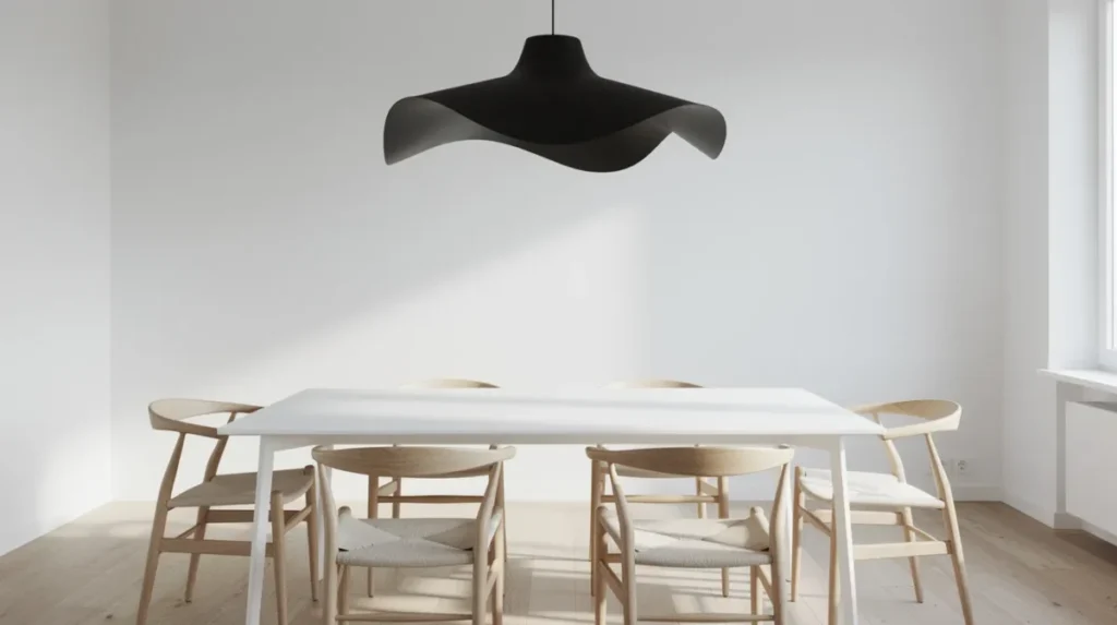 Een grote zwarte hanglamp met een organische vorm hangt boven een witte eettafel, omringd door houten stoelen. Dit zwart-wit interieur creëert een modern en strak contrast, wat de sfeer van de kamer versterkt.