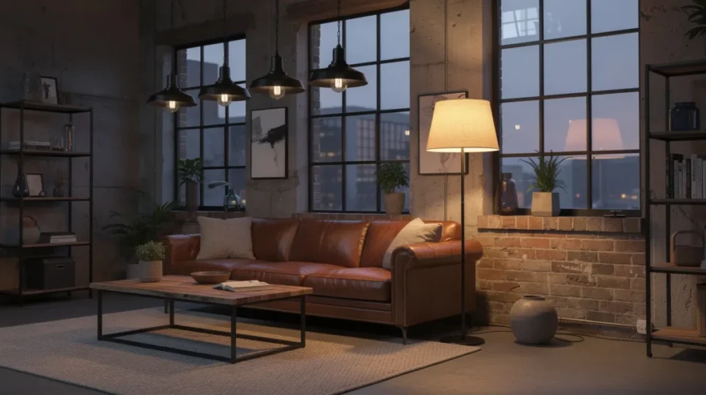 Een industriële woonkamer met zwarte metalen hanglampen, en een warme staande lamp naast een leren bank. De ruimte is stijlvol ingericht met natuurlijke materialen en zorgt voor gezellige momenten.