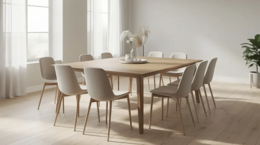 Een lichte eetkamer met beige eetkamerstoelen rondom een houten tafel, gelegen op een lichte eiken vloer, creëert een uitnodigende en harmonieuze uitstraling. De combinatie van neutrale tinten en natuurlijke materialen zorgt voor een serene sfeer in deze minimalistische look.