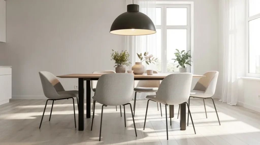 Een lichte, moderne eetkamer met een uitgeschoven eettafel in het midden, omringd door stijlvolle eetkamerstoelen en verlicht door een elegante hanglamp. De ruimte biedt voldoende plek voor gasten en straalt een gezellige sfeer uit, ideaal voor diners met vrienden en familie.