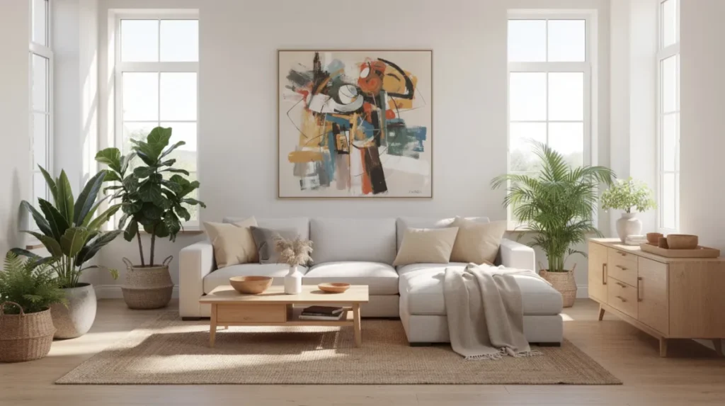 Een lichte woonkamer met een grote bank en een opvallend groot schilderij aan de muur, dat een echte blikvanger vormt. Natuurlijke decoratie zoals groene planten creëert een harmonieuze uitstraling.