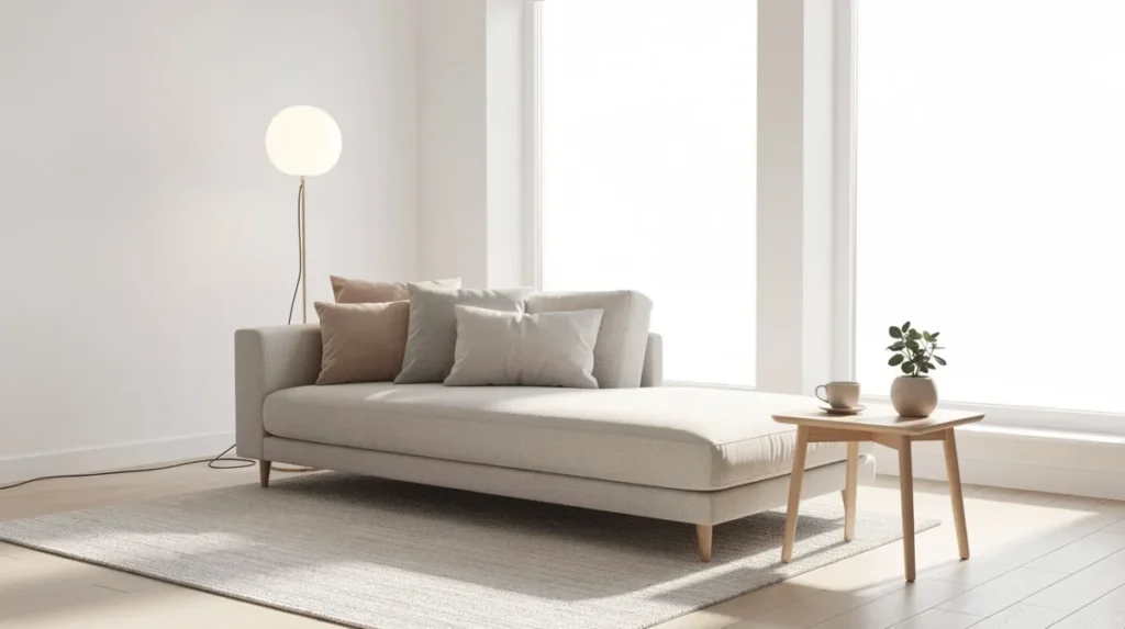 Een lichte woonkamer met een stijlvolle chaise longue, voorzien van zachte kussens, staat naast een vloerlamp en een bijzettafel, wat zorgt voor een perfecte zithoek om te relaxen met een goed boek. De elegante bekleding in taupe voegt een persoonlijk tintje toe aan het interieur.