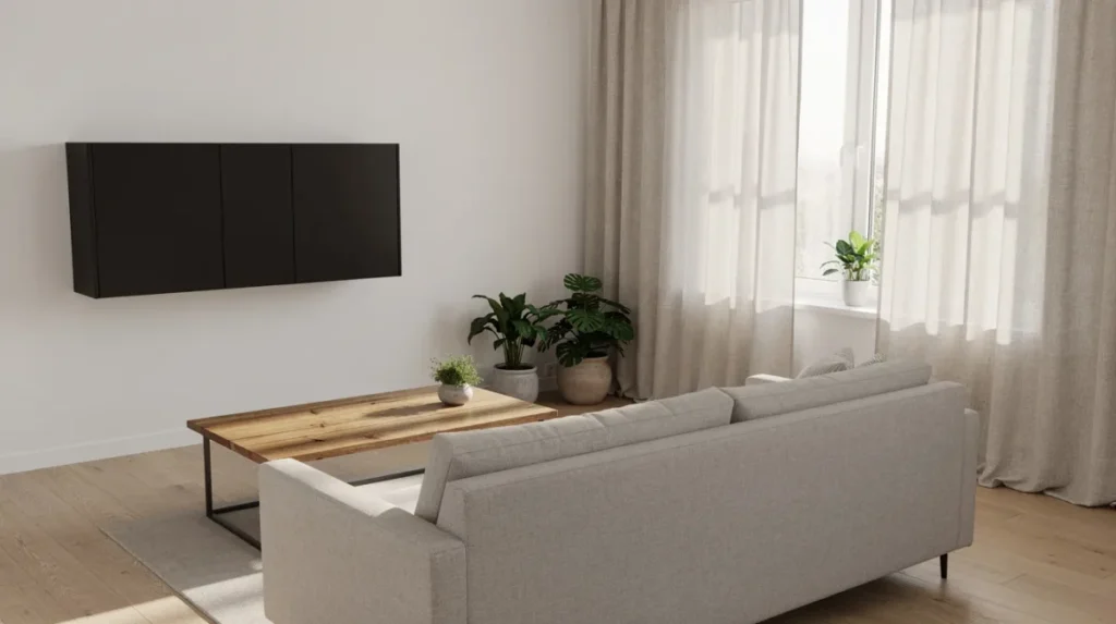 Een lichte woonkamer met witte muren en een zwarte wandkast, waar een houten salontafel staat omringd door kussens en linnen gordijnen. Het interieur straalt een modern en minimalistisch gevoel uit, met een mooi contrast tussen het zwart en wit, wat zorgt voor een gezellige sfeer.