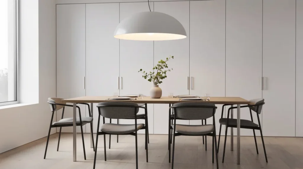 Een moderne eetkamer met een strakke, uitgeschoven eettafel van massief hout, omringd door stijlvolle designstoelen. Boven de tafel hangt een elegante hanglamp, die een sfeervolle verlichting biedt voor het diner met vrienden of familie.