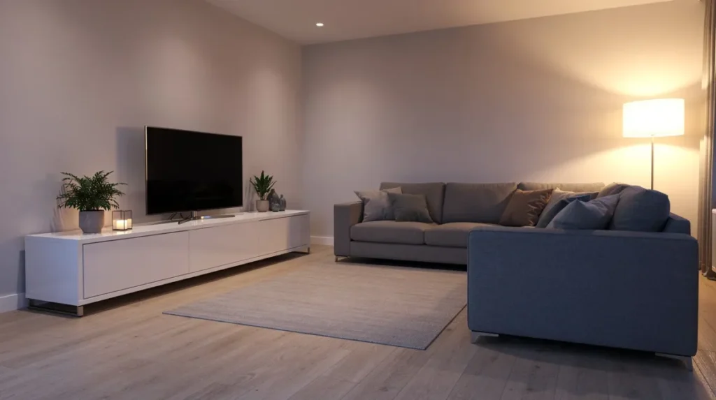 Een moderne woonkamer met een lage, zwevende tv-kast, een comfortabele grijze bank en warme verlichting, die zorgt voor een uitnodigende sfeer. De tv hangt op een ideale hoogte voor een ontspannen kijkervaring, perfect voor televisie kijken.