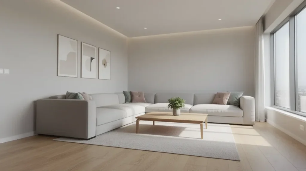 Een moderne woonkamer met een ruime L-vormige hoekbank in een neutrale kleur, uitgerust met verstelbare hoofdsteunen en zachte bekleding, staat tegen twee muren met een stijlvolle salontafel ervoor. Deze hoekbank biedt extra zitplaatsen en ergonomisch comfort, waardoor het de ideale plek is voor gezinnen om te ontspannen in een eigentijds interieur.