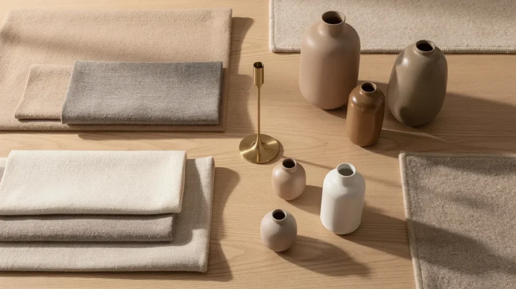 Een moodboard met stofstalen in neutrale tinten, vergezeld van een stijlvolle messingkleurige kandelaar en keramische vazen, ligt op een houten ondergrond. De combinatie van verschillende materialen en kleuren creëert een sfeervol geheel dat perfect past in een hotel chique interieur.