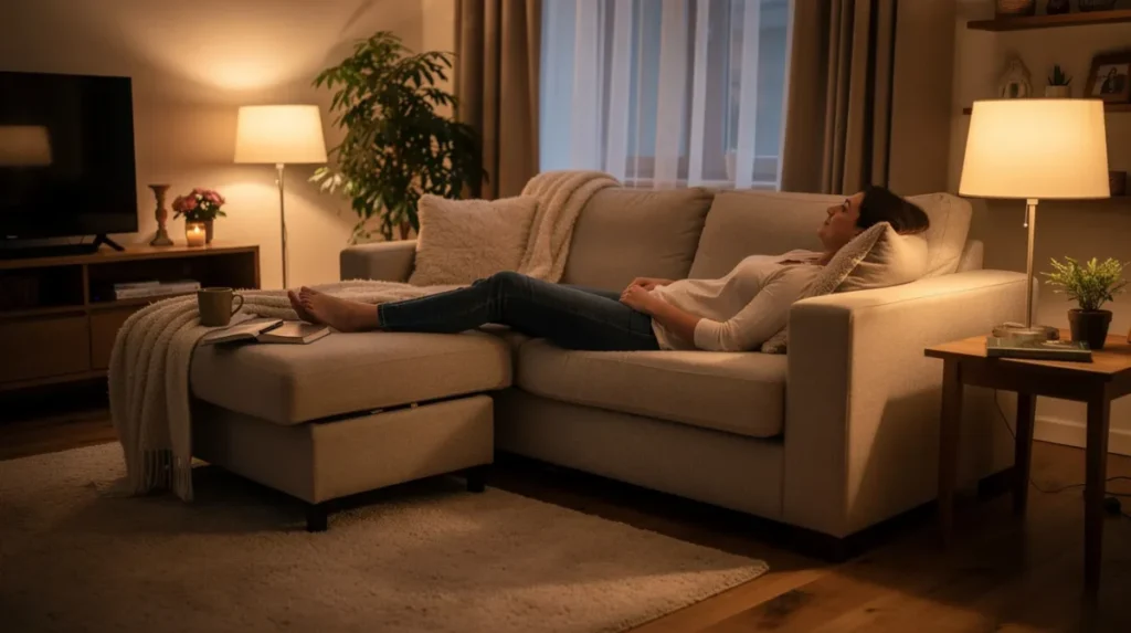Een persoon ligt ontspannen op een ruime hoekbank met een uitgeschoven voetensteun in een sfeervolle woonkamer, omringd door stijlvolle meubels en een moderne inrichting. De zachte bekleding en verstelbare hoofdsteunen bieden ultiem comfort, ideaal voor een lange dag van relaxen.