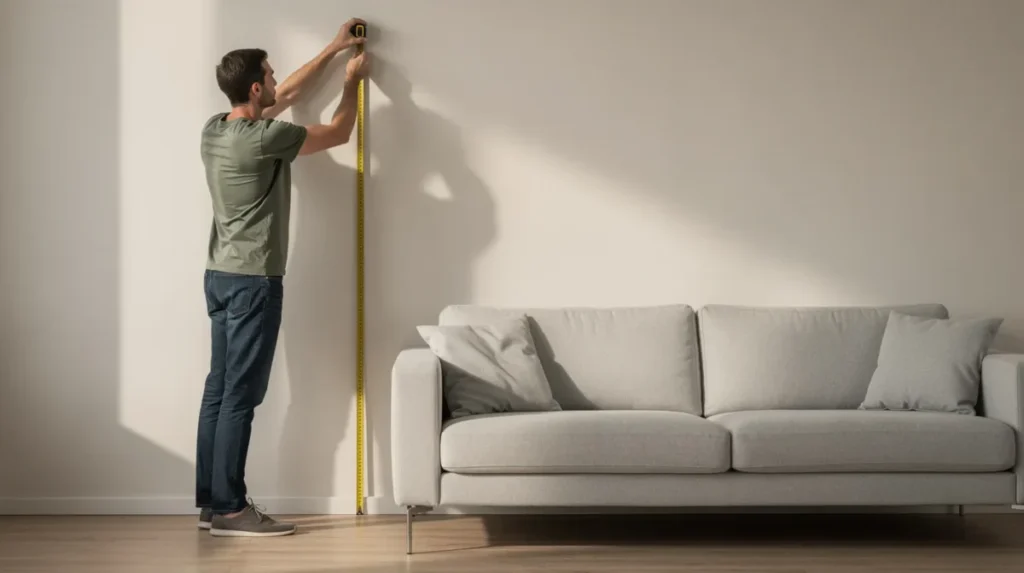 Een persoon meet met een meetlint de hoogte van een lichte muur naast een bank, mogelijk om de ideale kijkhoogte voor een tv meubel te bepalen. De focus ligt op het vinden van de juiste hoogte voor een comfortabele kijkervaring in de woonkamer.