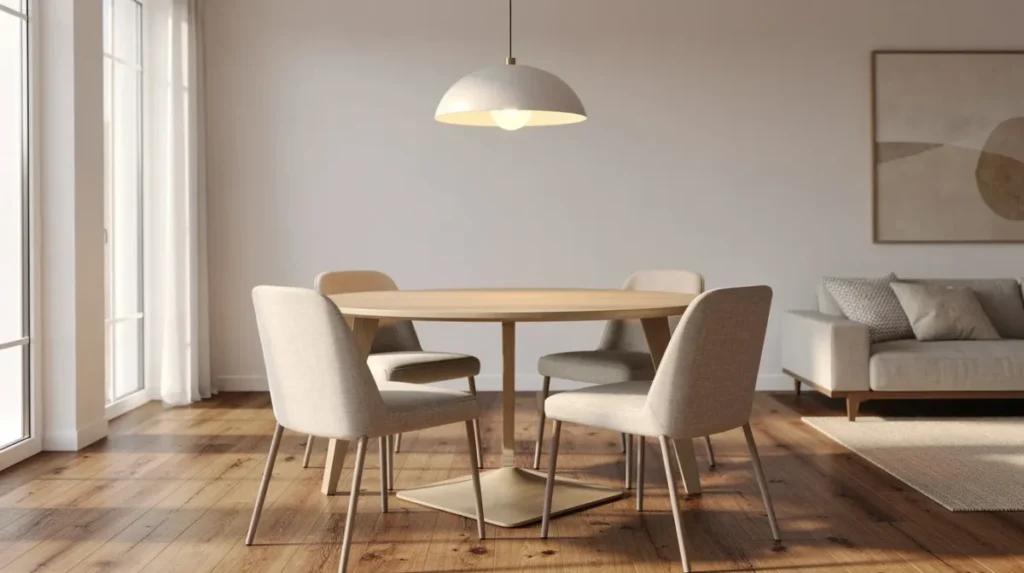 Een ronde uitschuifbare eettafel staat centraal in een moderne woonkamer met een warme houten vloer, verlicht door een stijlvolle hanglamp. Deze praktische tafel biedt voldoende plek voor vrienden en familie, en past perfect in de eethoek van het interieur.