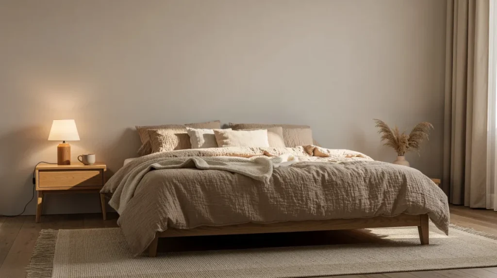 Een rustige slaapkamer in wabi sabi stijl, met linnen beddengoed in zachte aardetinten en een houten nachtkastje. De warme sfeerverlichting creëert een serene ambiance, perfect voor het omarmen van imperfectie en natuurlijke schoonheid.