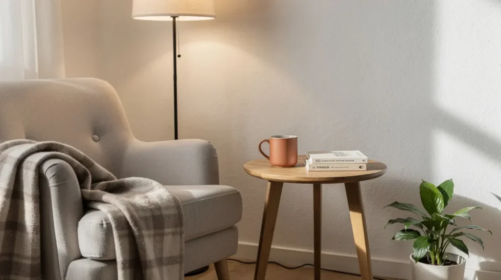 Een sfeervolle hoek in de woonkamer met een stijlvolle bijzettafel, een elegante staande lamp, een zachte plaid en een kleine plant ernaast. De combinatie van verschillende materialen en kleuren creëert een gezellige en uitnodigende ambiance die perfect past bij een hotel chique interieur.