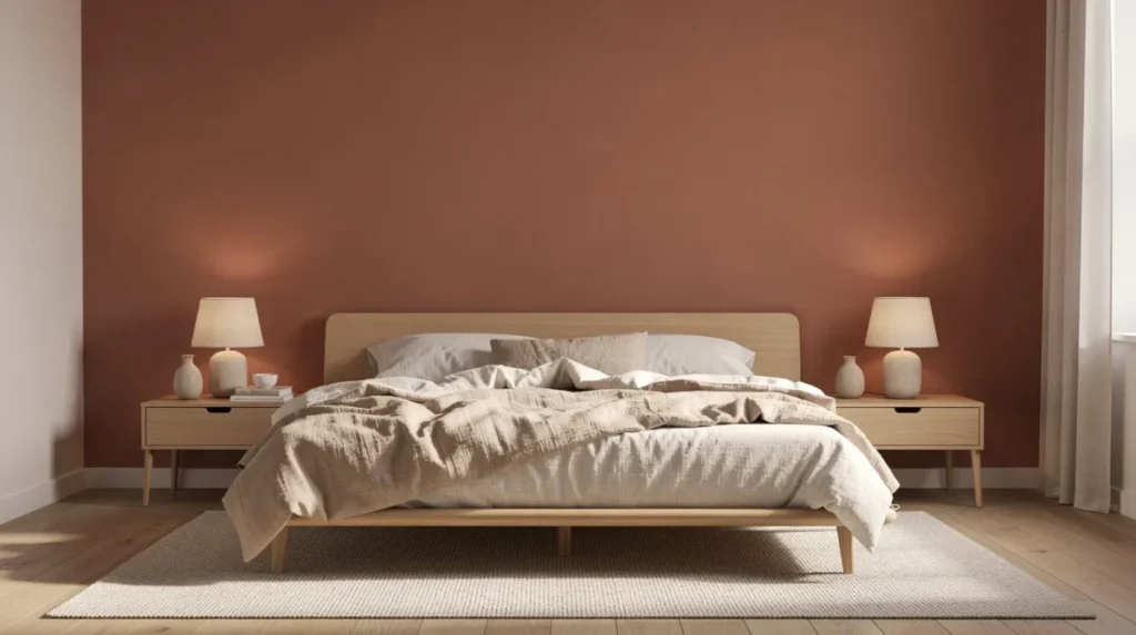 Een sfeervolle slaapkamer met een zachte terracotta muur achter het bed, voorzien van linnen beddengoed en houten nachtkastjes. De aardse tinten creëren een uitnodigende sfeer en de combinatie van natuurlijke materialen geeft de ruimte een warme uitstraling.