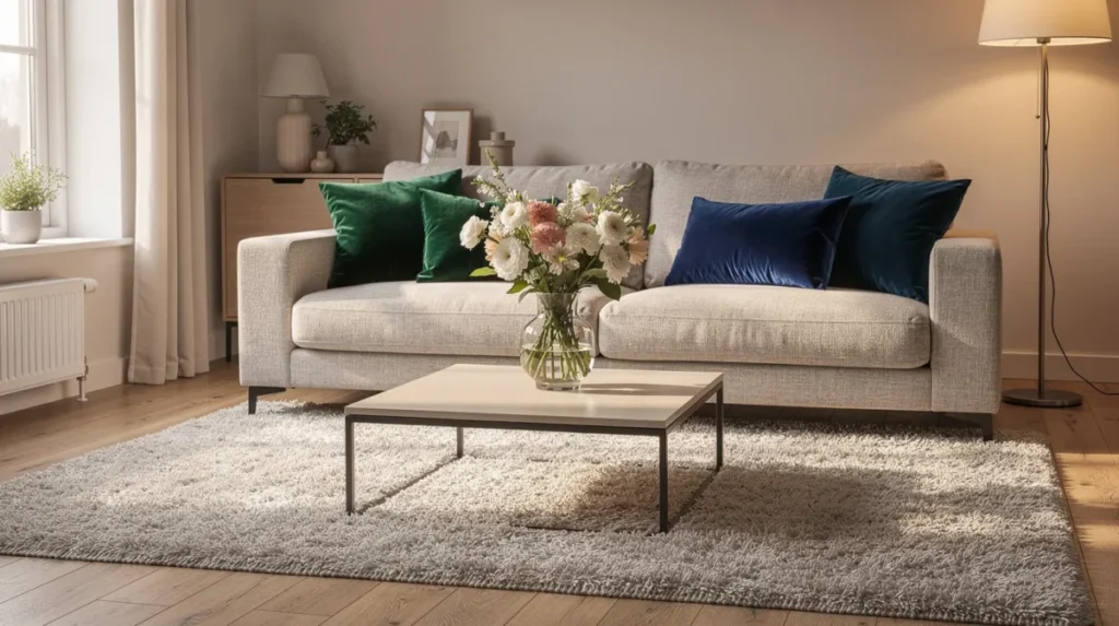 Een sfeervolle woonkamer met een neutrale bank, bedekt met velvet kussens in verschillende kleuren, een groot vloerkleed en een stijlvolle bijzettafel. Op de salontafel staan verse bloemen in een glazen vaas, die samen met andere woonaccessoires een warme en uitnodigende sfeer creëren.